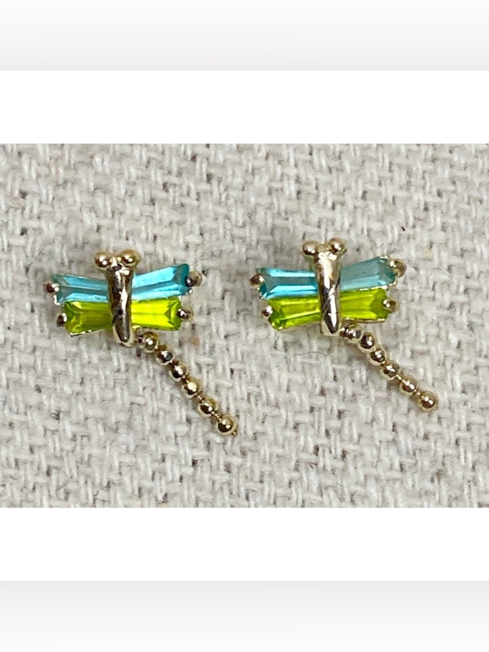 Blue green rhinestone dragonfly stud earrings